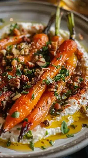 Plate of roasted carrots with whipped ricotta and hot honey drizzle
