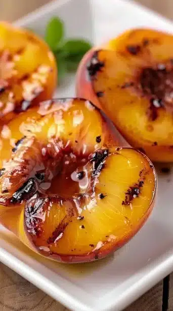Roasted peaches topped with honey and cinnamon in a serving dish.