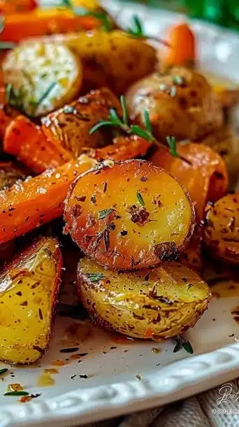 Oven-roasted potatoes with carrots and fresh herbs on a serving platter