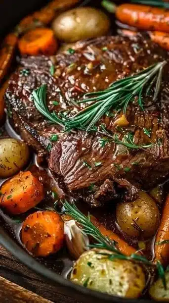 Delicious Rosemary Garlic Roast served with fresh herbs and veggies