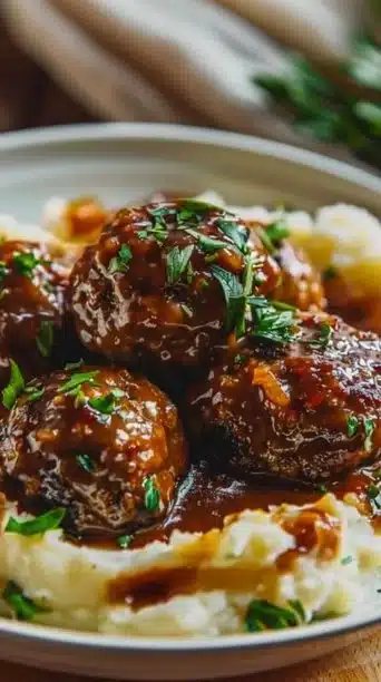 Salisbury Steak Meatballs with Creamy Garlic Herb Mashed Potatoes
