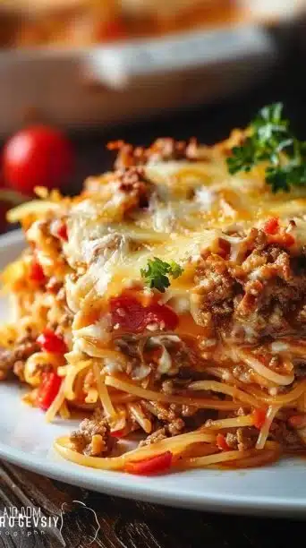 Sausage and Peppers Casserole with spaghetti squash in a baking dish