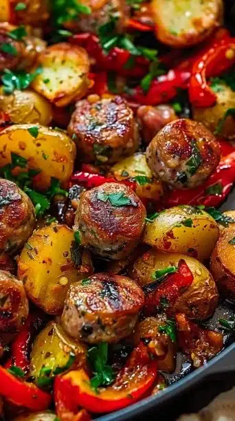 Sausage and potatoes skillet dish served in a cast iron pan