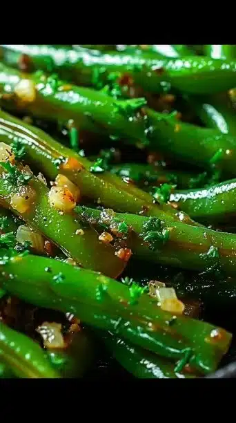 Plate of savory garlic butter green beans served as a delicious side dish