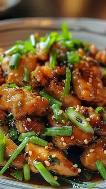 Plate of scallion chicken garnished with fresh scallions and served with rice.