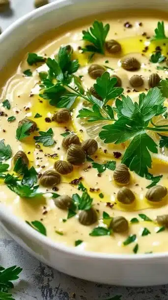 Simple homemade lemon caper sauce in a bowl with fresh ingredients.