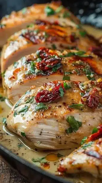 Skillet Sicilian Chicken dish garnished with herbs and olives