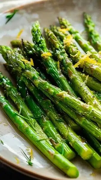 Delicious slow cooker asparagus served on a plate, garnished with spices.