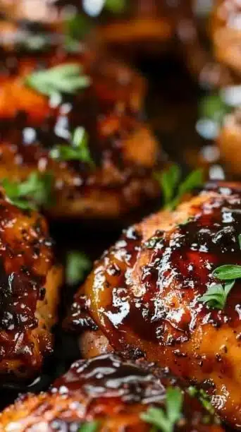 Slow cooker balsamic chicken garnished with herbs and served with vegetables.