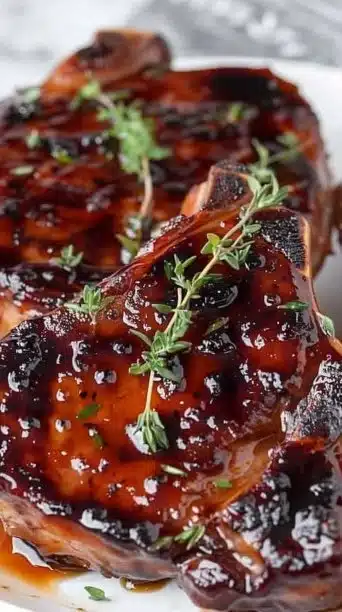 Slow Cooker Balsamic Glazed Pork Chops served with vegetables on a plate.