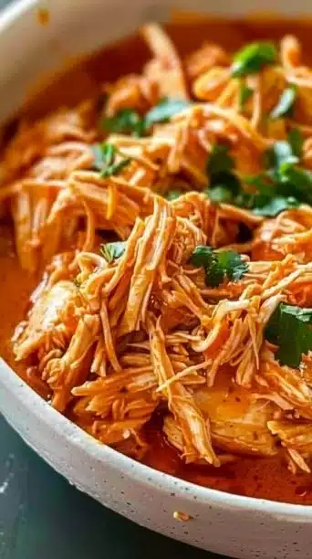 Slow cooker BBQ chicken breast served with sauce and herbs