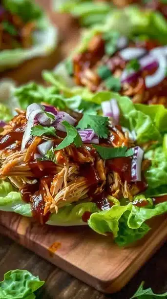 Slow Cooker BBQ Pulled Chicken Lettuce Wraps served on a plate