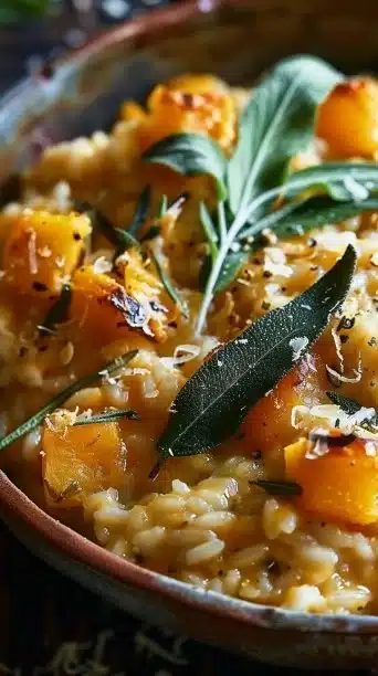 Bowl of creamy slow cooker butternut squash risotto topped with herbs