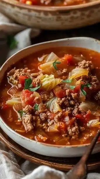 Bowl of Slow Cooker Cabbage Roll Soup garnished with herbs