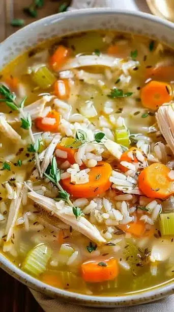 Delicious slow cooker chicken and rice soup in a bowl with herbs
