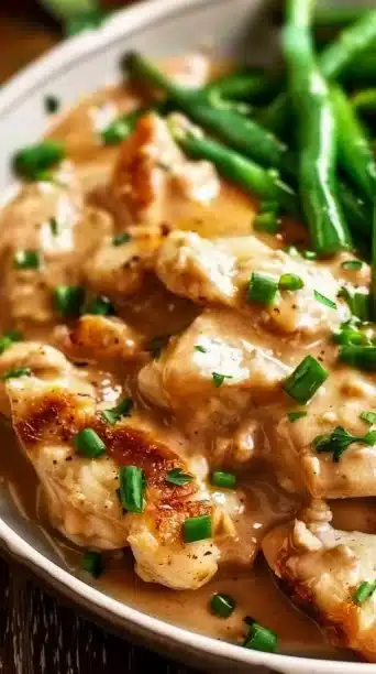 Slow Cooker Chicken and Stuffing dish served with herbs.