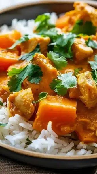 Bowl of slow cooker chicken and sweet potato curry garnished with herbs
