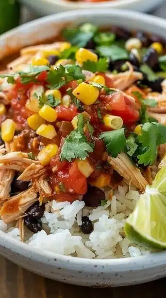 Slow cooker chicken burrito bowls with fresh ingredients and toppings