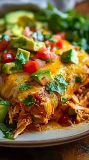 Low-Carb Slow Cooker Chicken Enchilada Bake dish topped with cheese and herbs.