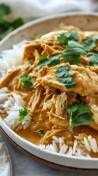 Slow Cooker Coconut Curry Chicken in a bowl garnished with herbs