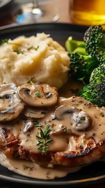 Slow Cooker Cream of Mushroom Pork Chops served with herbs and vegetables