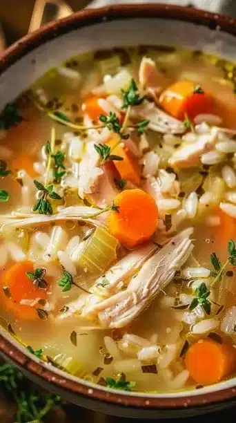 Creamy chicken and rice soup made in a slow cooker, garnished with herbs.