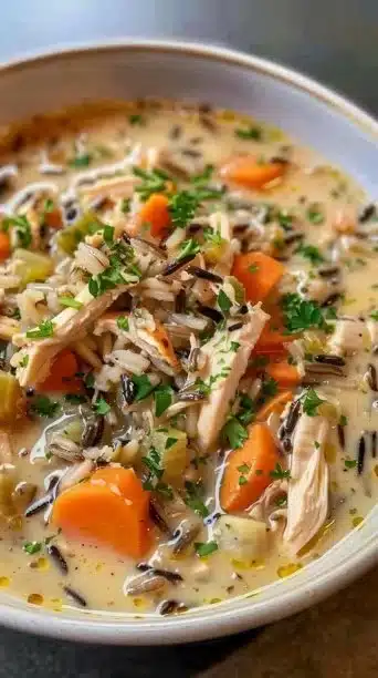 Slow Cooker Creamy Stew in a bowl, garnished with herbs.