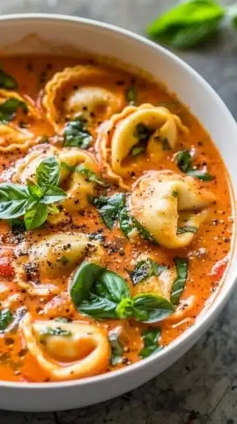 Bowl of slow cooker creamy tomato basil tortellini soup garnished with basil.