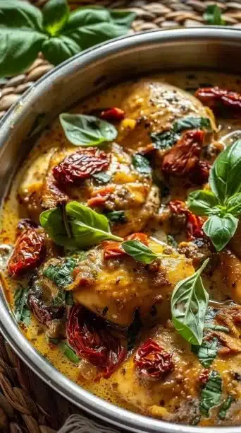 A creamy dish of Slow Cooker Tuscan Chicken with herbs and vegetables, served with a side.