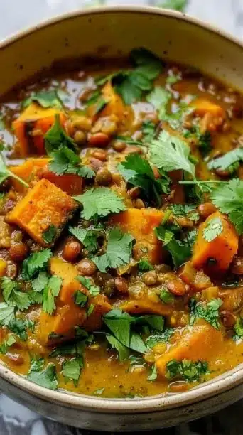 Slow cooker curried sweet potato and lentil stew in a bowl