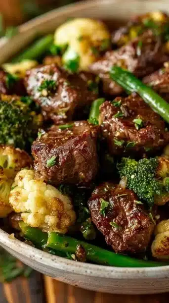 Delicious slow cooker garlic butter steak bites with vibrant veggies