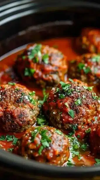 Delicious slow cooker Italian meatballs served on a plate with marinara sauce.