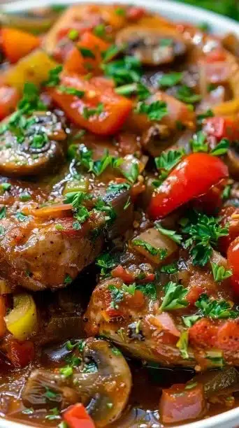 Delicious slow cooker Italian pork chops served on a plate with herbs.