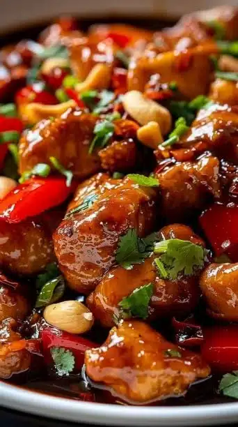 Delicious Slow Cooker Kung Pao Chicken served in a bowl with vegetables and peanuts.
