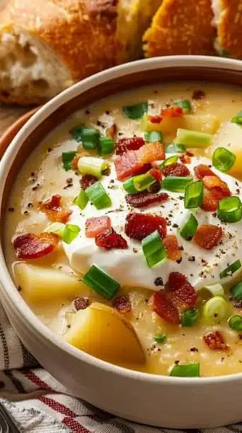 Bowl of Slow Cooker Loaded Potato and Bacon Chowder garnished with green onions