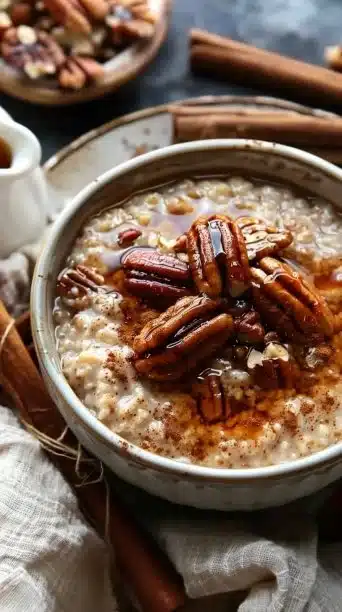 Bowl of slow cooker maple brown sugar oatmeal topped with fresh fruit