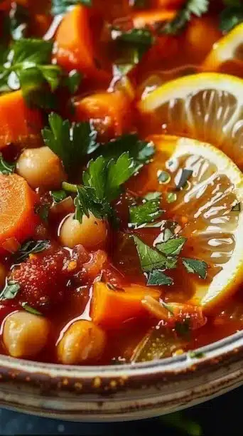 Bowl of slow cooker Moroccan chickpea stew topped with fresh herbs