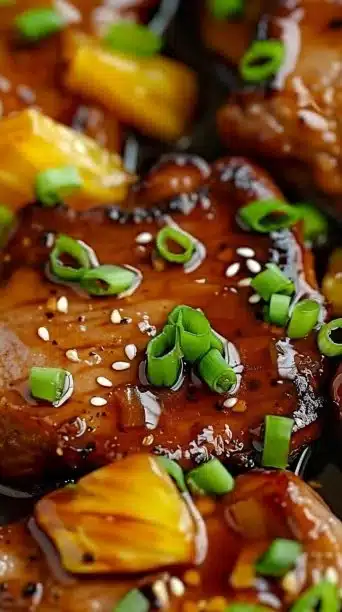 Slow cooker pineapple teriyaki pork chops garnished with green onions