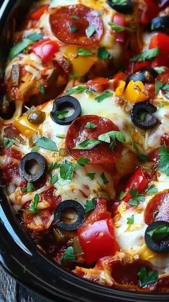Delicious slow cooker pizza chicken casserole topped with cheese and veggies