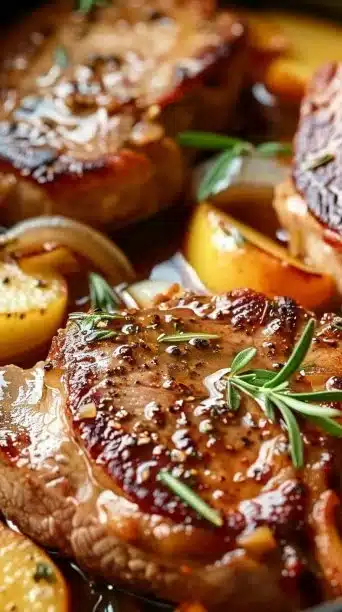 Slow cooker pork chops with apples and onions served on a plate.