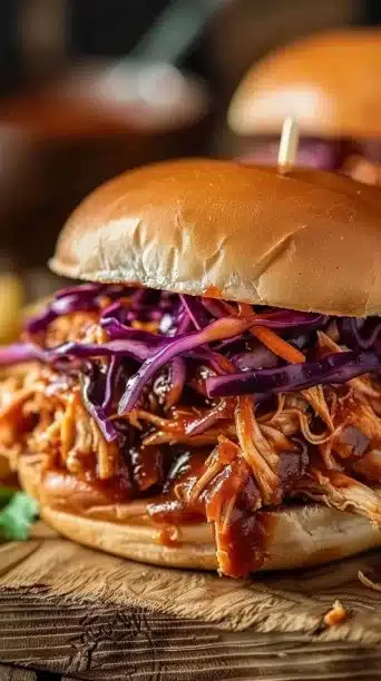 Slow cooker pulled chicken served in a bowl with toppings