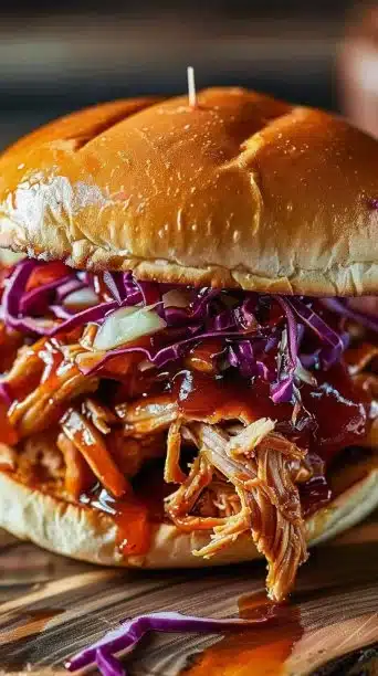 Slow cooker pulled chicken served with cabbage slaw on a plate