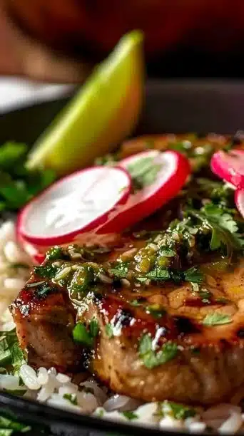 Slow cooker salsa verde pork chops garnished with fresh cilantro on a plate