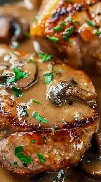 Delicious slow cooker smothered pork chops garnished with herbs