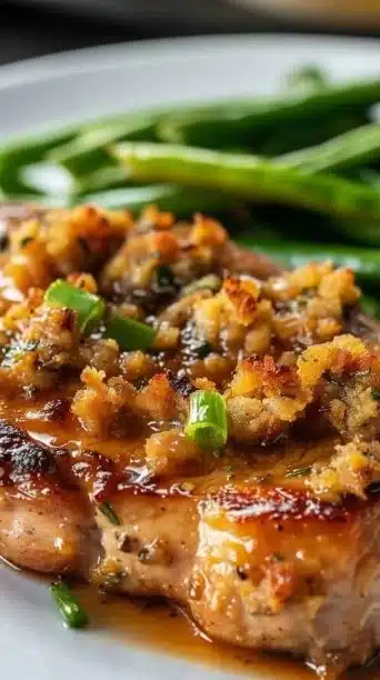 Slow cooker stuffing pork chops served on a plate with garnish