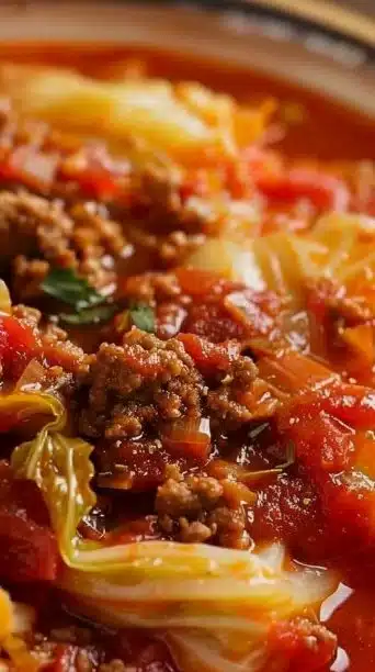 Slow cooker unstuffed cabbage rolls served in a bowl with fresh herbs