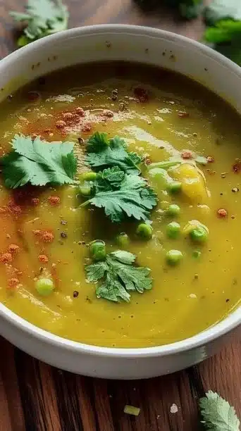 Bowl of slow cooker vegan split pea soup garnished with herbs