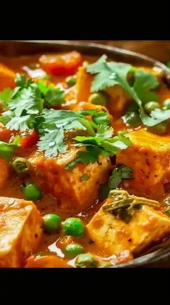 Bowl of Slow Cooker Vegan Tofu Tikka Masala with rice and herbs on a plate.