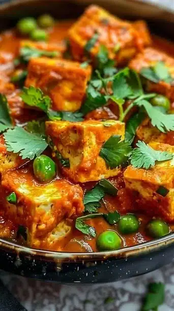 Bowl of slow cooker vegan tofu tikka masala garnished with fresh cilantro