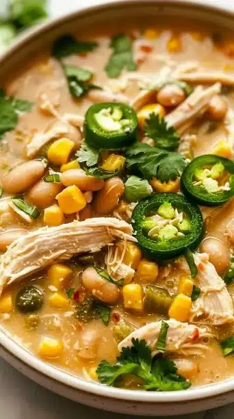 Bowl of slow cooker white chicken chili garnished with cilantro